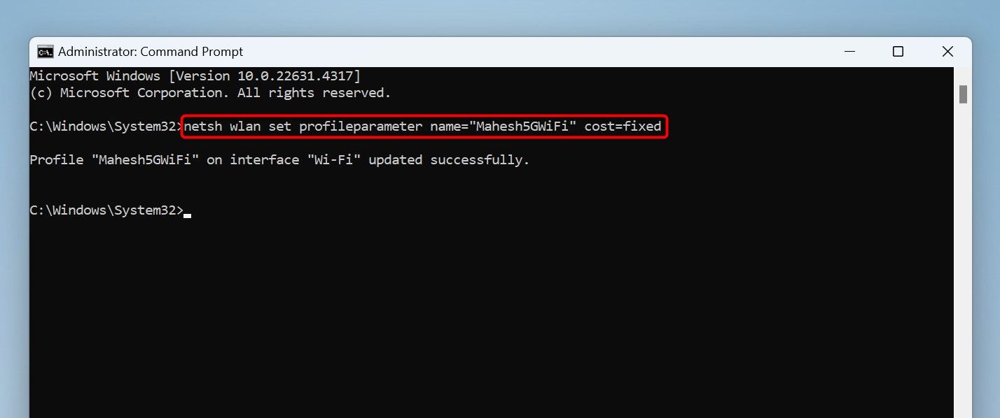 The command to mark a connection as metered typed in Command Prompt.