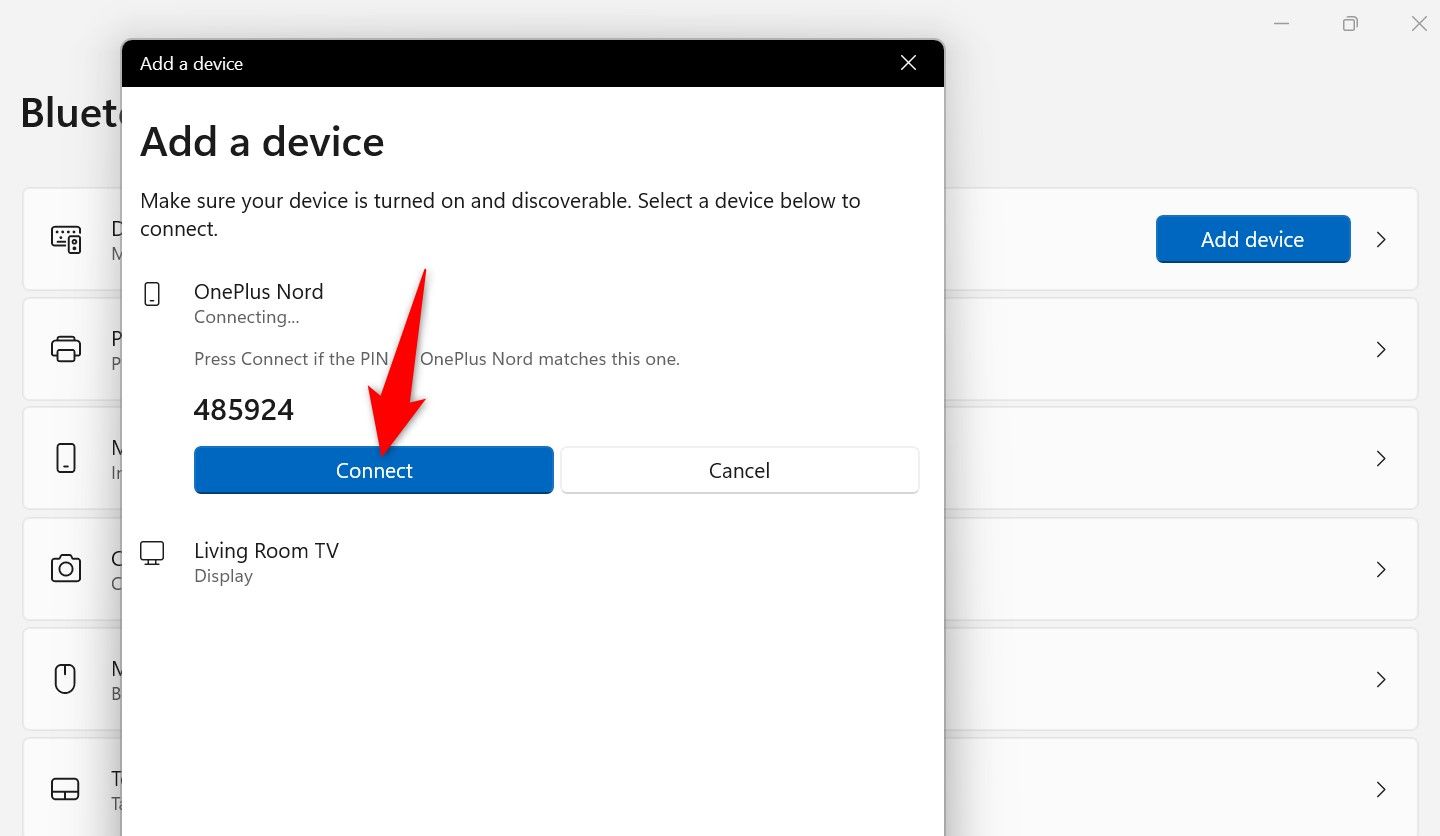 "Connect" highlighted on the "Add a Device" window.