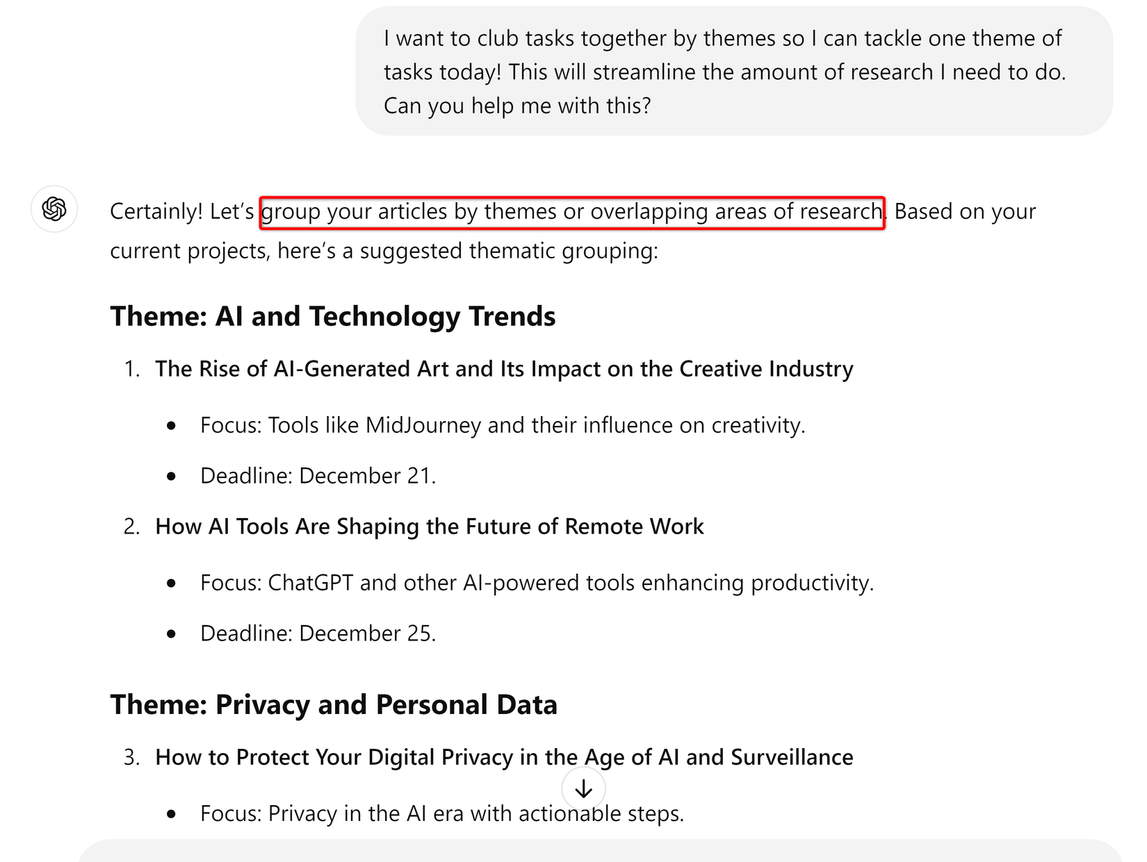 Sử dụng tính năng tìm kiếm ngữ cảnh của ChatGPT để lọc và sắp xếp các công việc.
