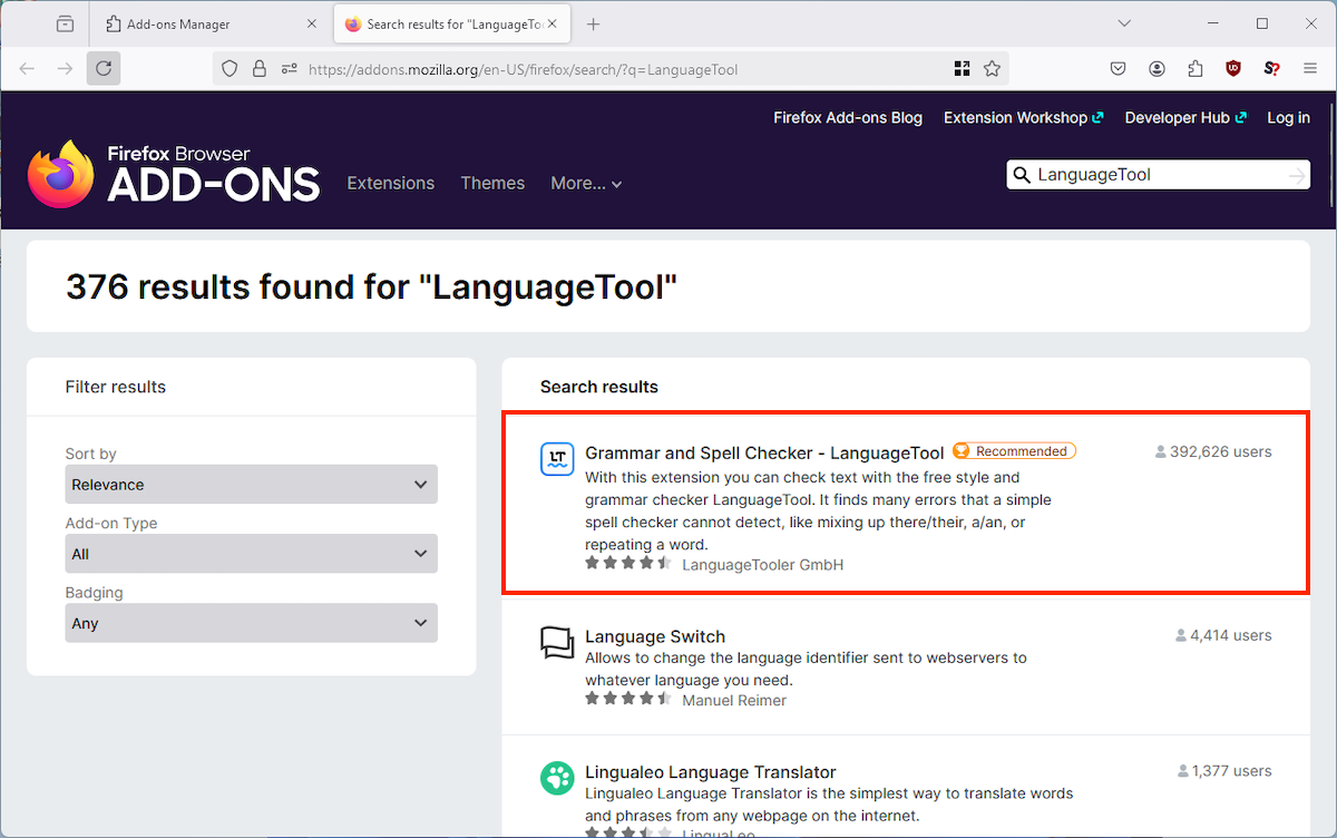 Finding the LanguageTool Firefox Addon.