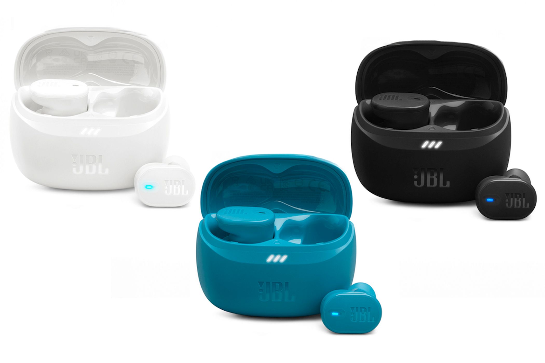 The JBL Tune Buds 2 in white, blue, and black colorways.