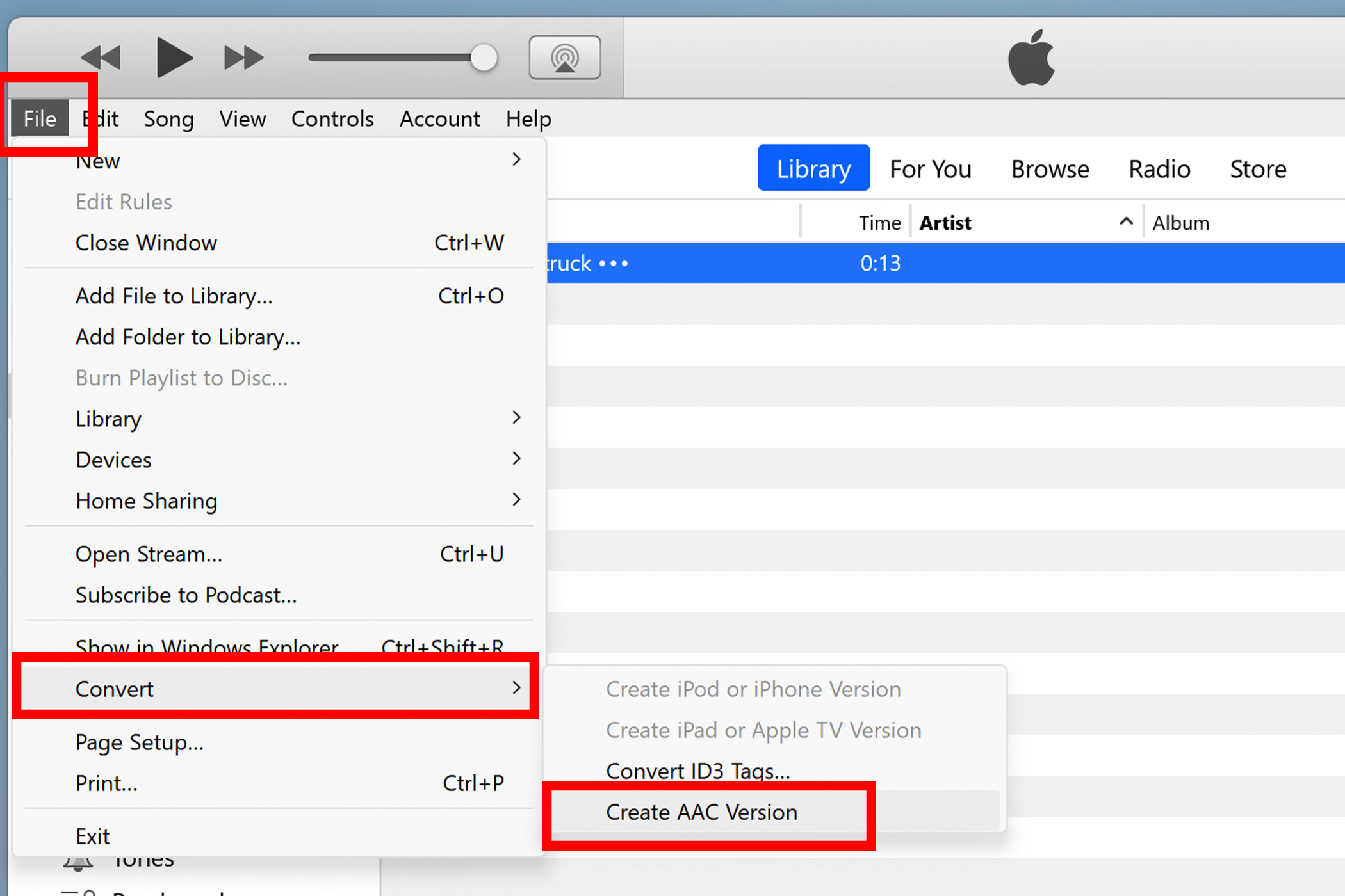 Creating an AAC version of an audio file in iTunes.