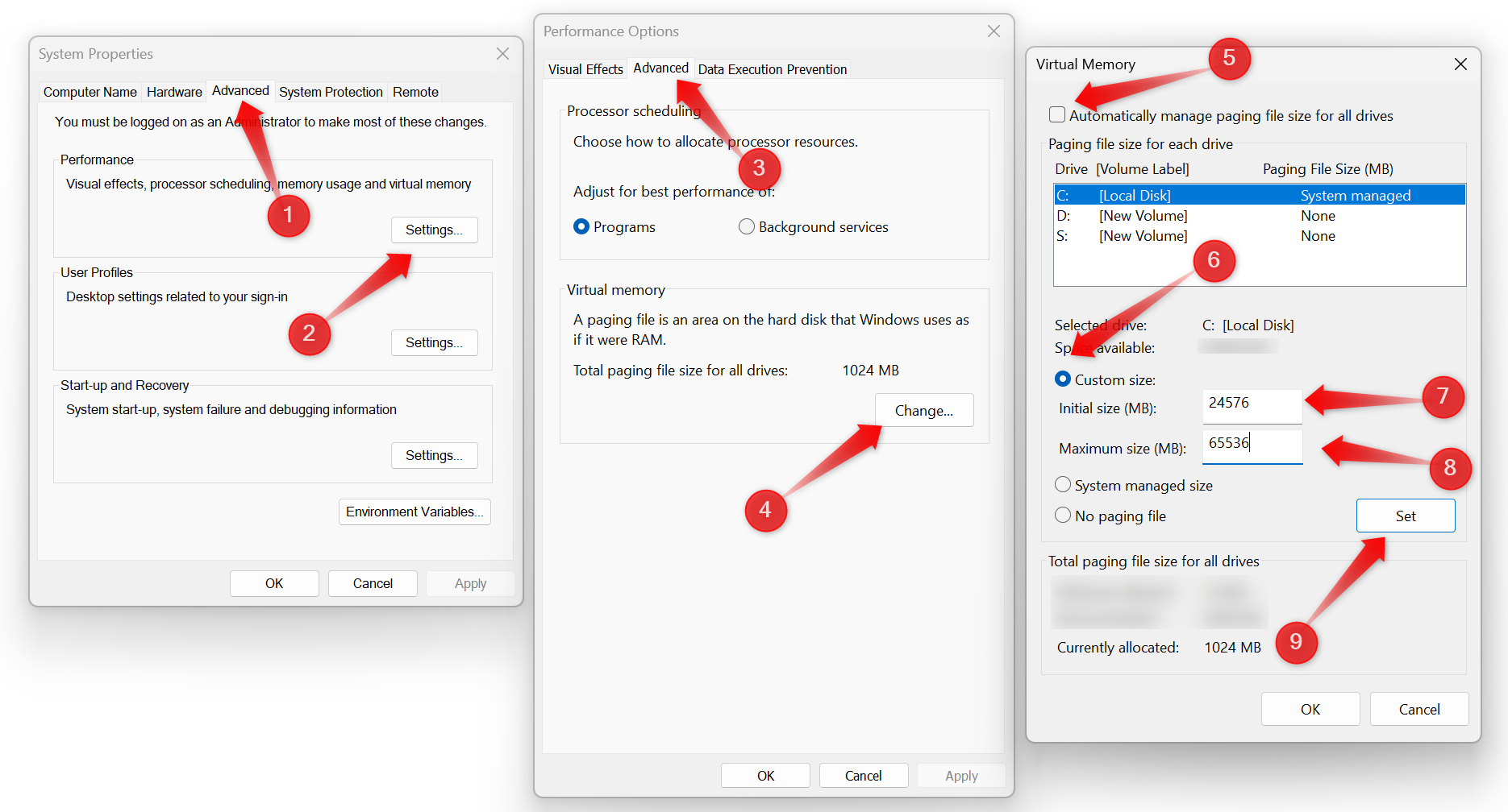 Changing the virtual memory settings in Windows.