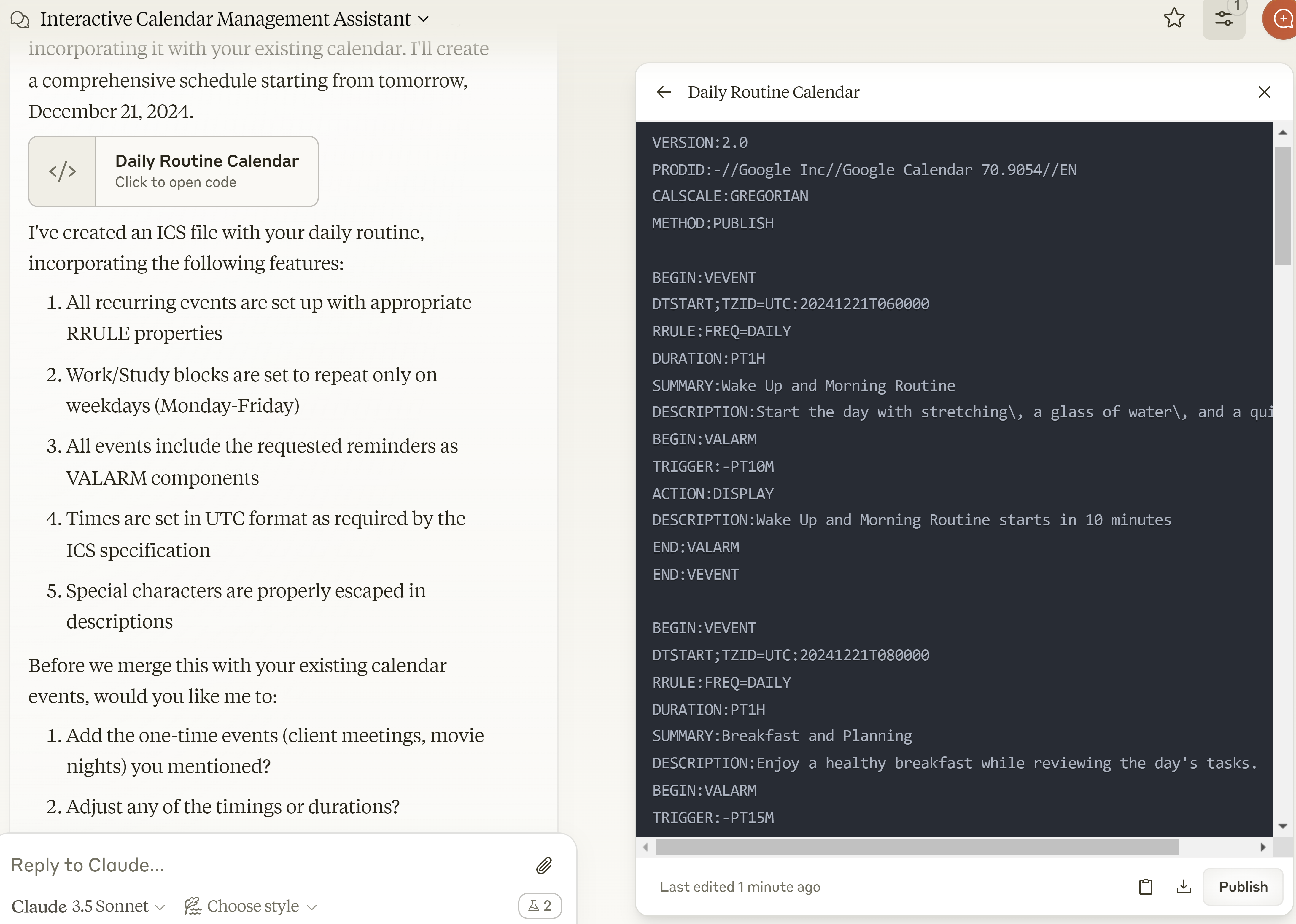 Claude creates an ICS file based on preferred routine.