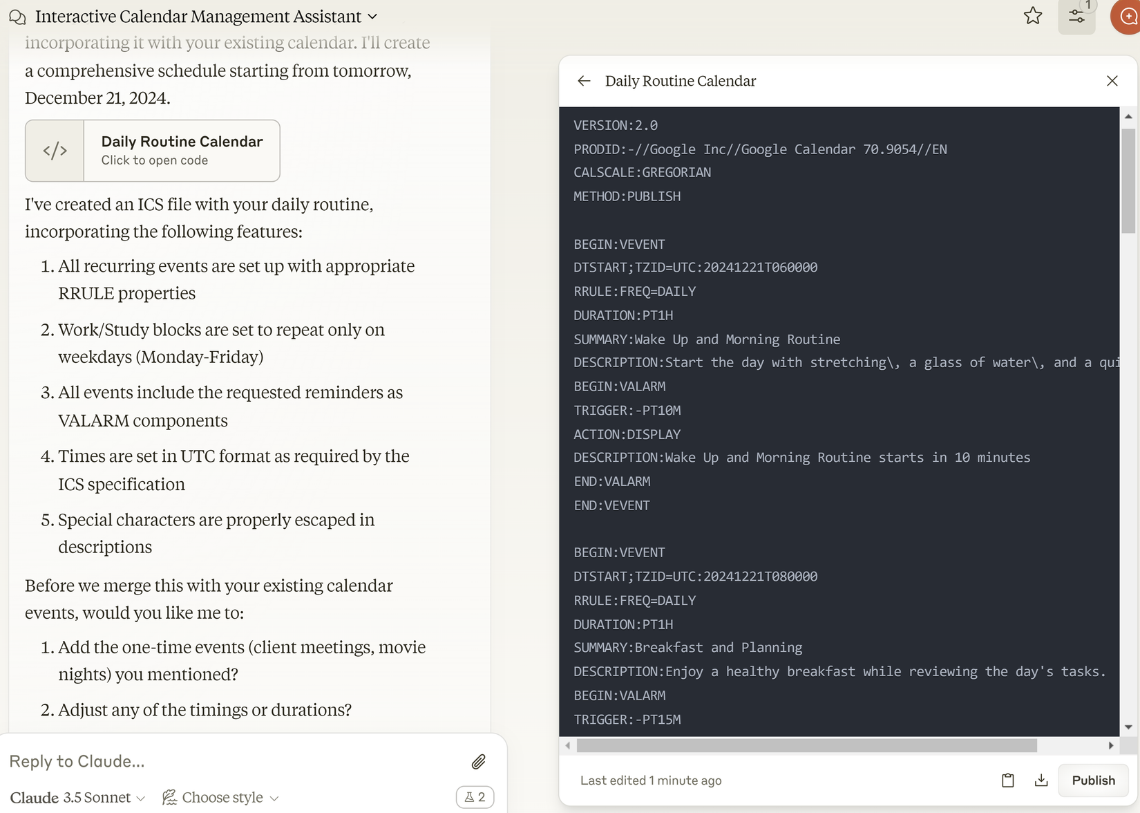 Claude tạo file ICS dựa trên lịch trình mong muốn.