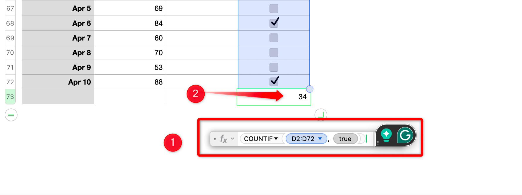 Counting checked boxes in Apple Numbers.