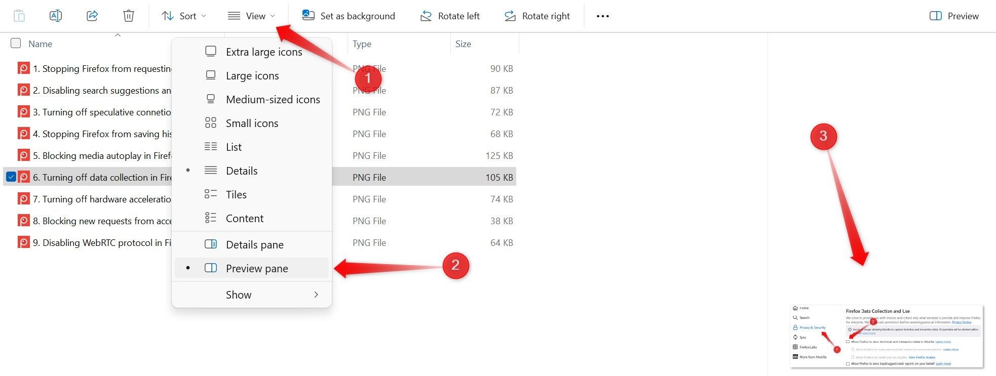 Включение панели предварительного просмотра и проверка предварительного просмотра изображения в ней в Windows.