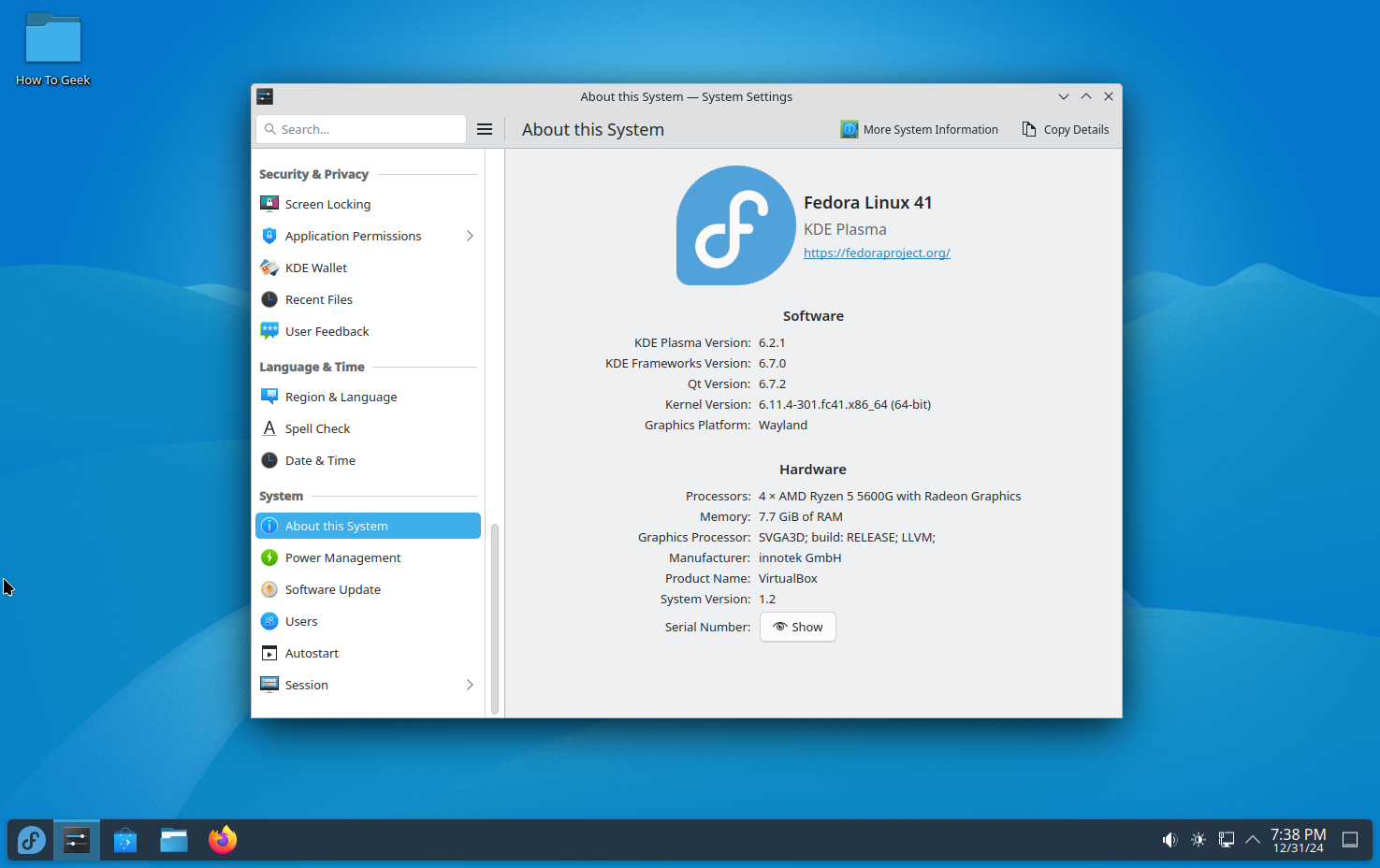 Fedora KDE Settings app showing System info.