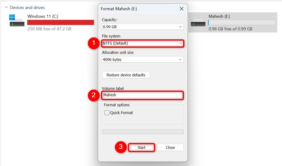 "File System," "Volume Label," and "Start" highlighted on the "Format" window.