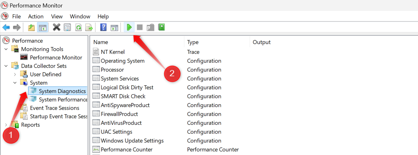 Generating a system diagnostic report in Performance Monitor on Windows.