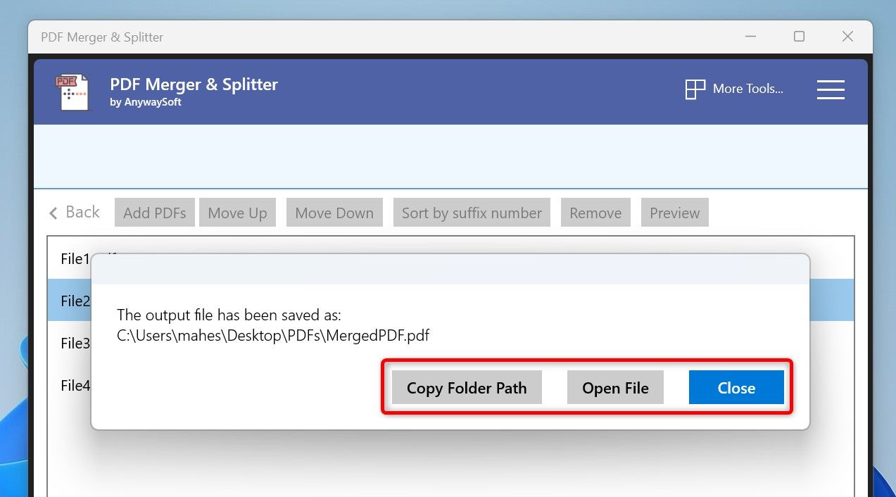 The actions to perform after merging PDFs highlighted in the PDF Merger & Splitter app.