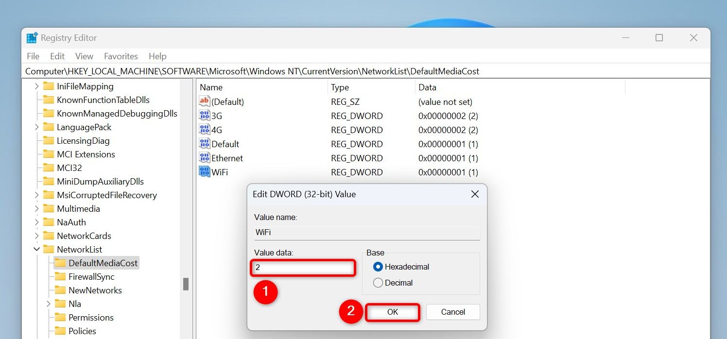 "Value Data" and "OK" highlighted for "WiFi" in Registry Editor.