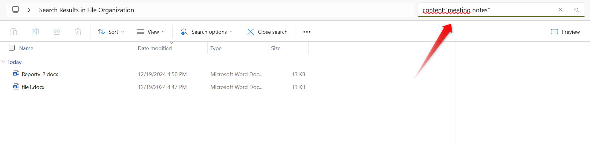 Searching for files by a phrase in its content in File Explorer.