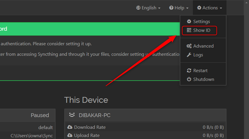 Syncthing show ID option in menu.