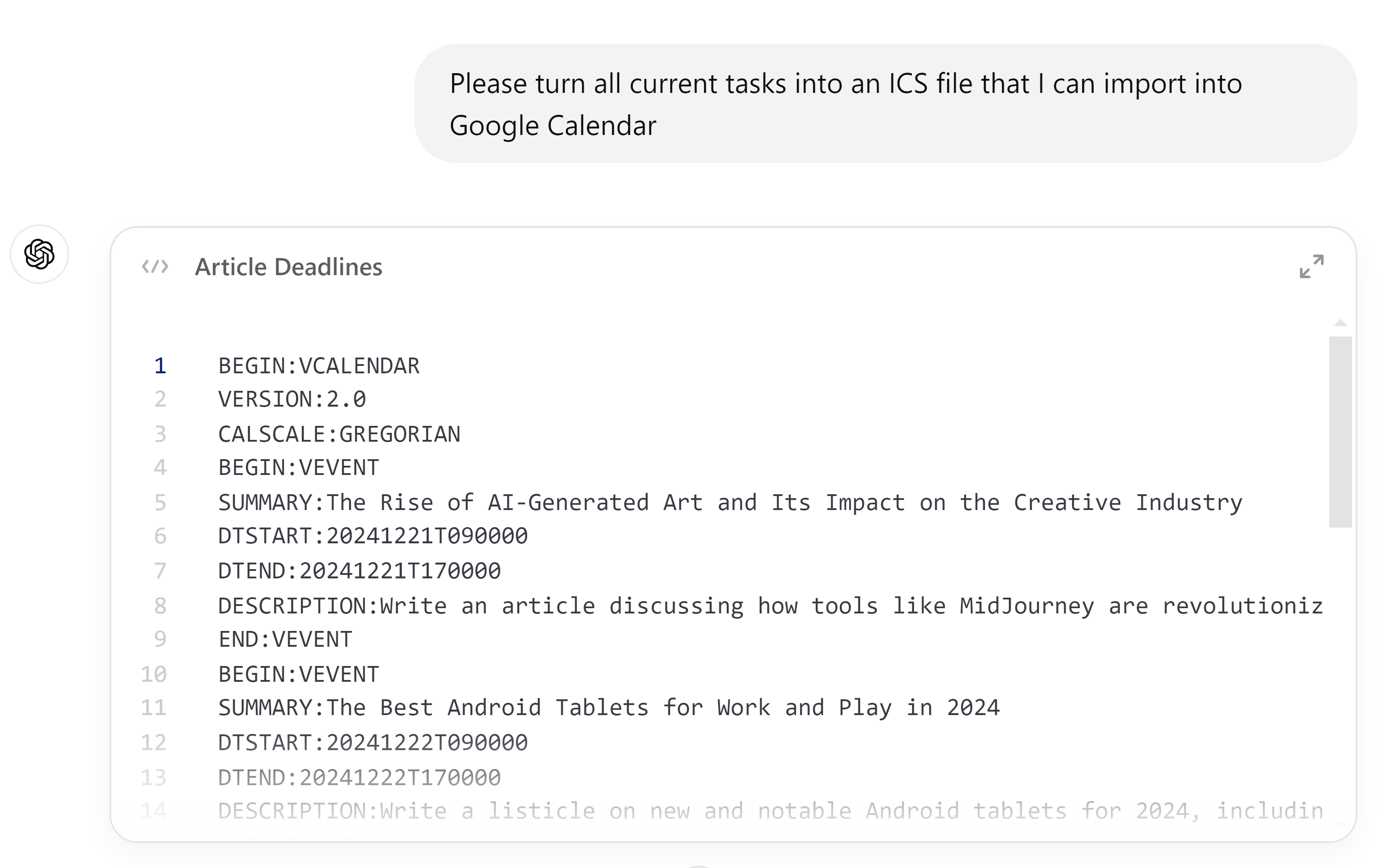 Using ChatGPT to turn tasks into an ICS file.