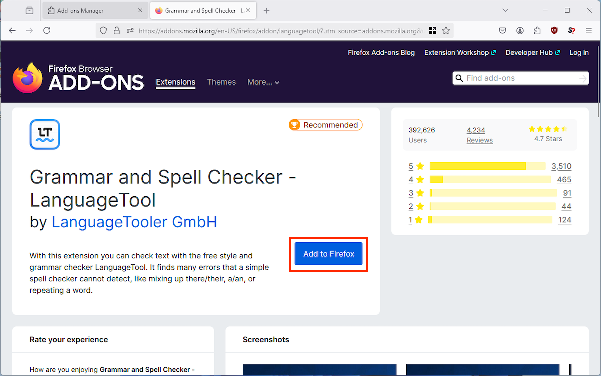 Installing the LanguageTool Firefox Addon.