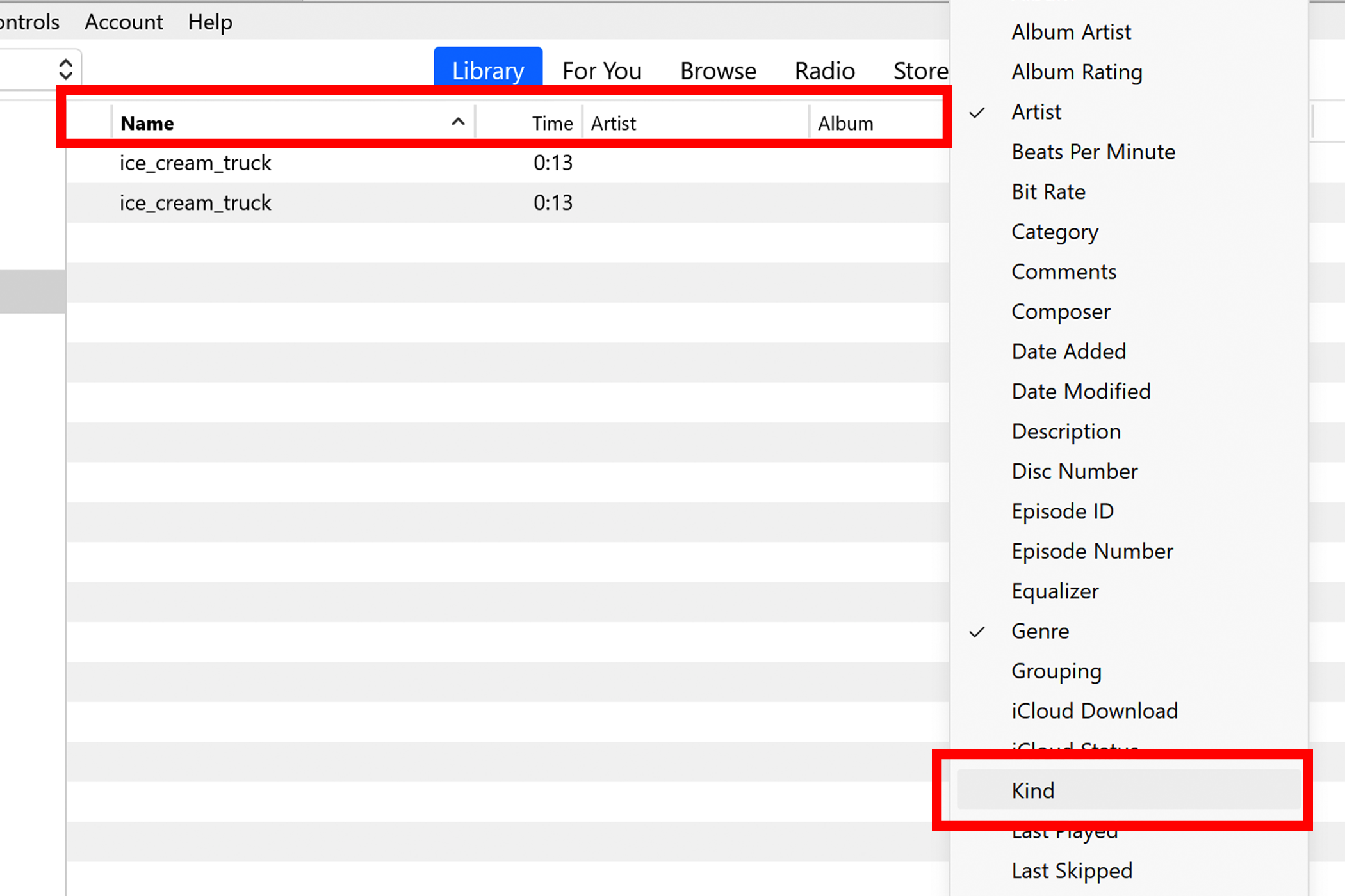 Highlighting the Kind option in the iTunes library filter list.