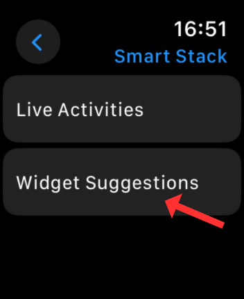 Screenshot of the Smart Stack settings menu on the Apple Watch with an arrow next to the Widget Suggestions option.