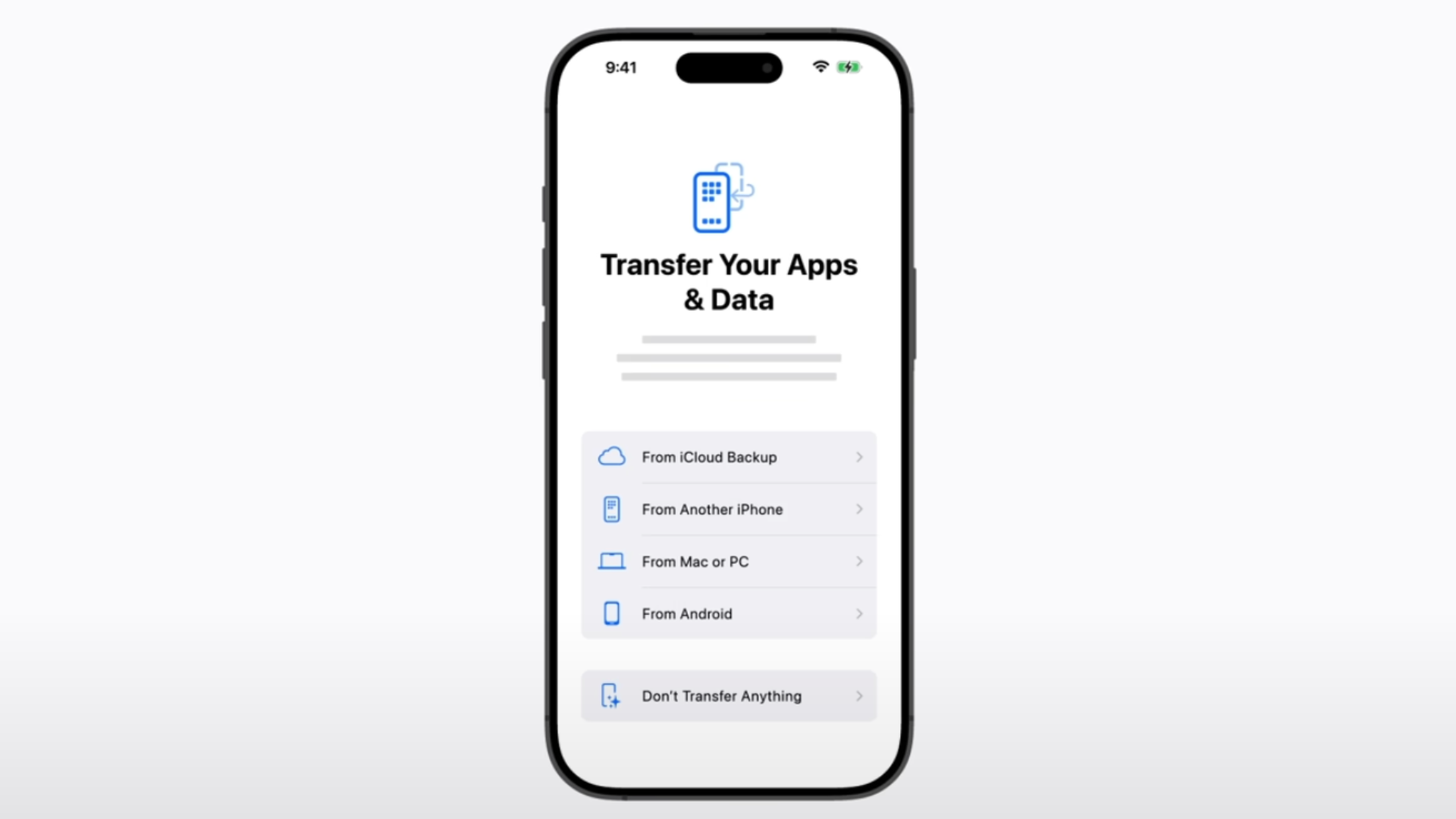 Screenshot of the Transfer Your apps and data screen on a new iPhone with the From Android option.