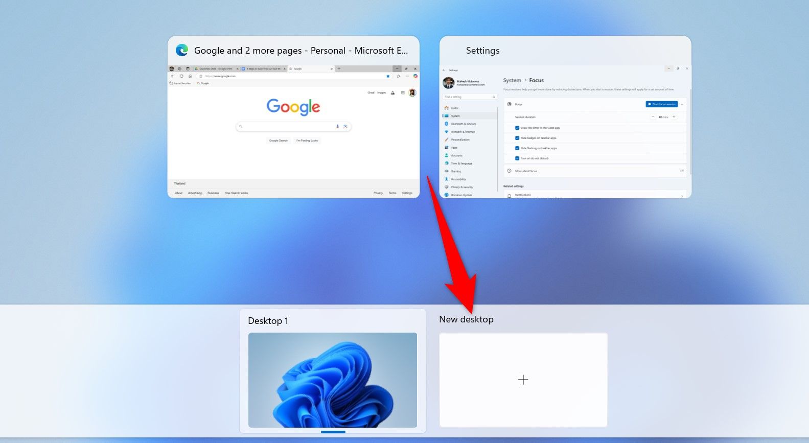 "New Desktop" highlighted on Windows 11.