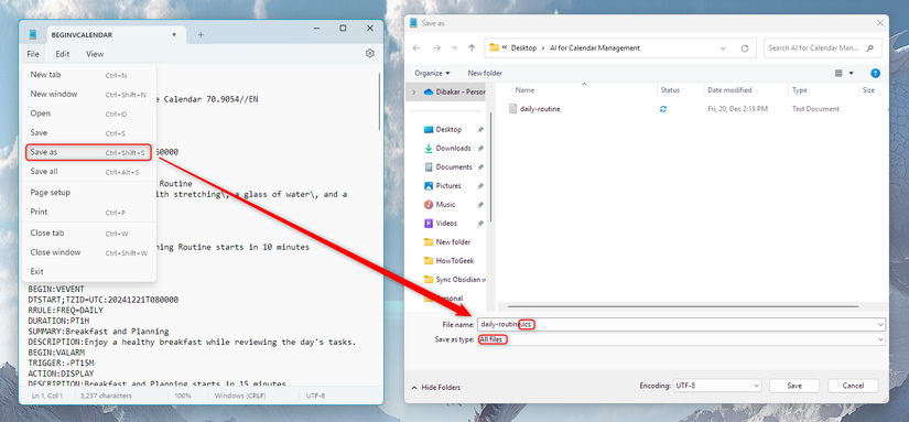 Lưu file văn bản thành file ICS.
