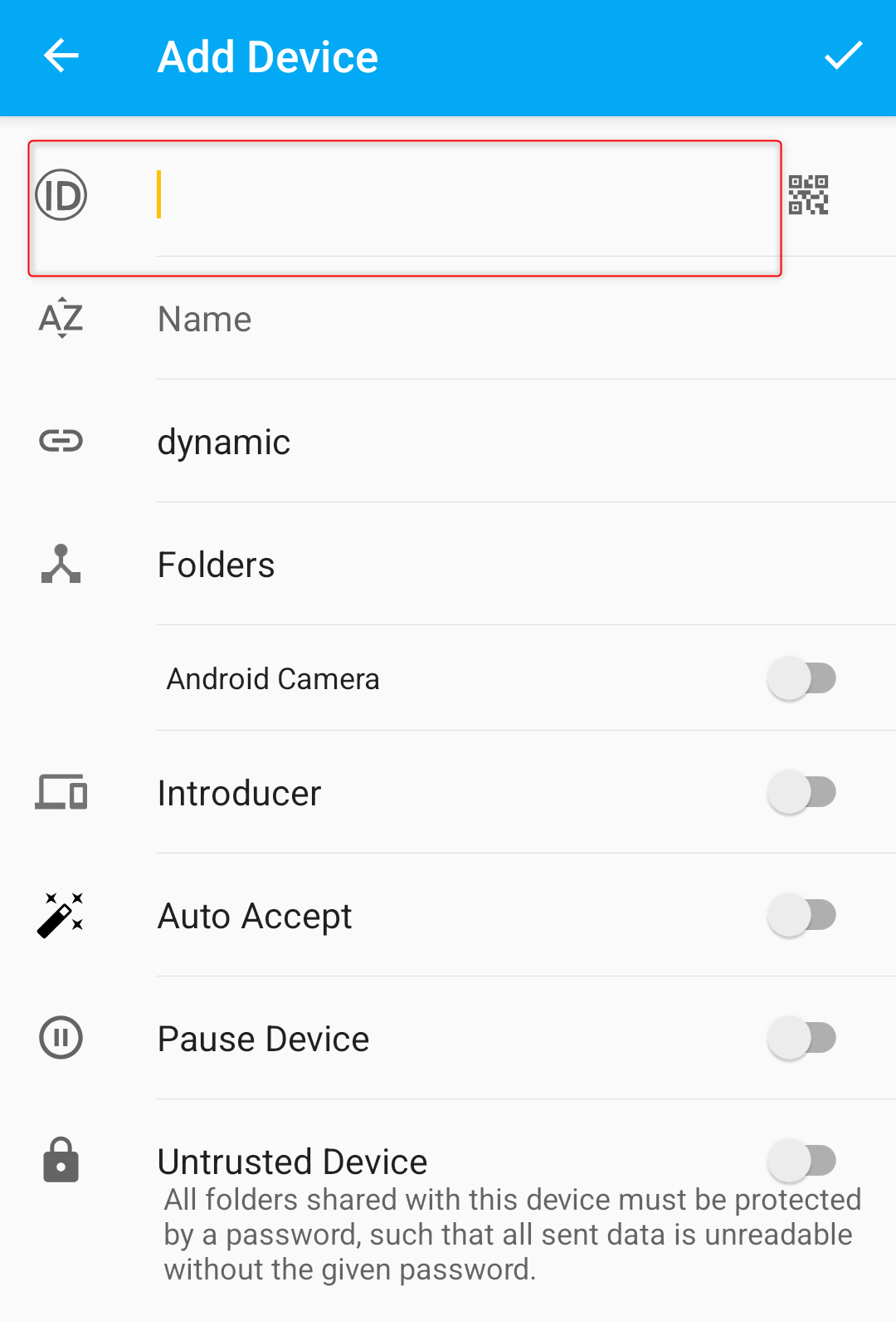 Adding a device on the Syncthing app.