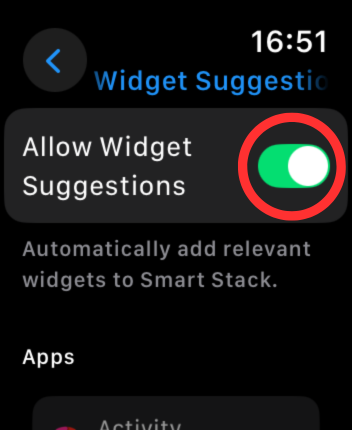 Screenshot of the Widget Suggestions menu with a circle around the Allow Widget Suggestions toggle.