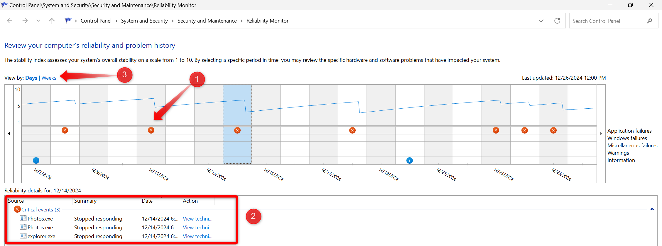 Checking the reliability history in Control Panel on Windows.