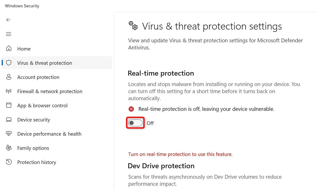 The "Real-Time Protection" toggle highlighted in Windows Security.