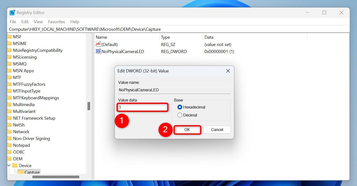 "Value Data" and "OK" highlighted for "NoPhysicalCameraLED" in Registry Editor.