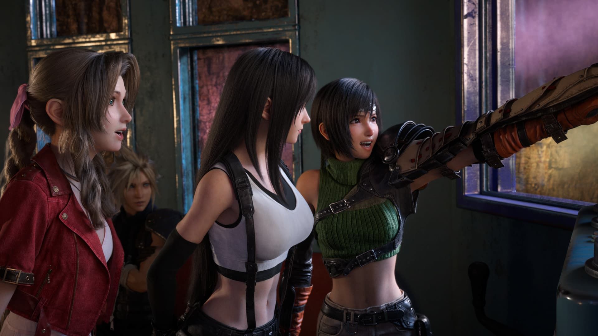 Aerith, Tifa, Yuffie, and Cloud from Final Fantasy VII Rebirth approaching the Gold Saucer.