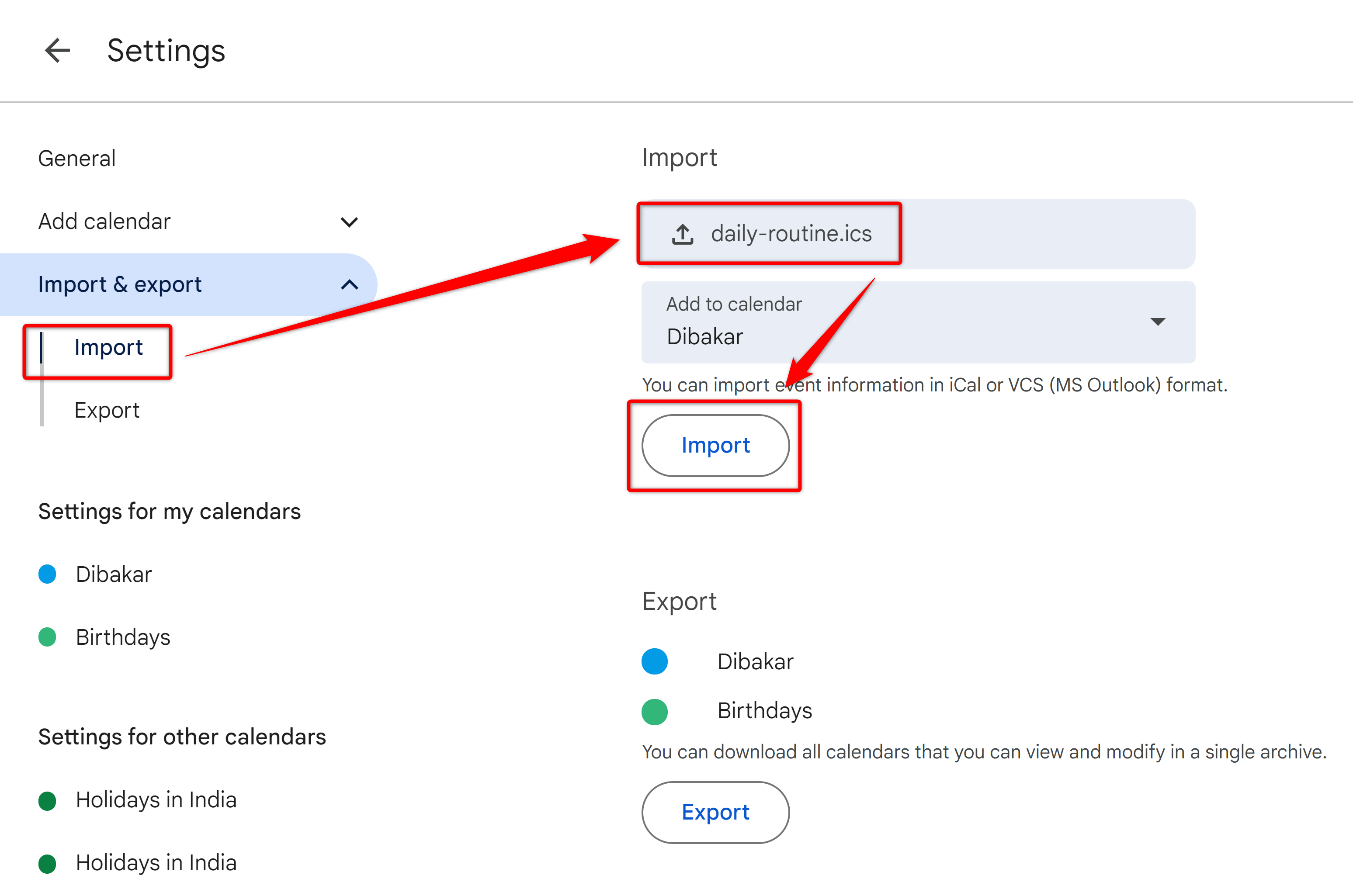 Google Calendar ICS file import settings.