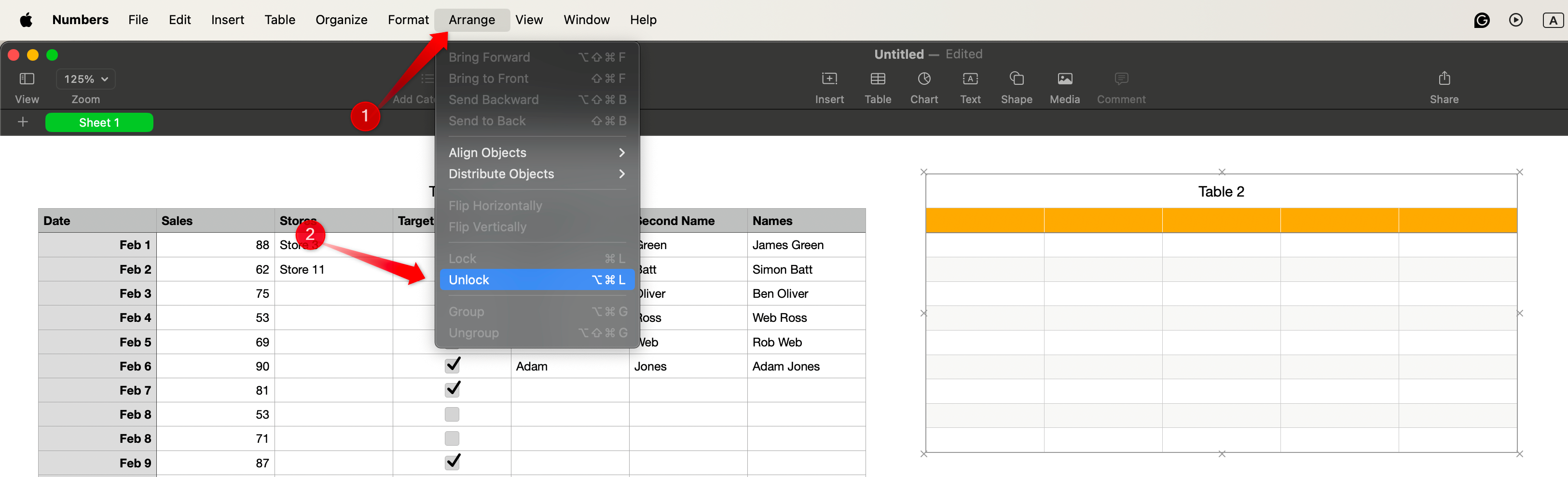 Unlocking a table in Apple Numbers.