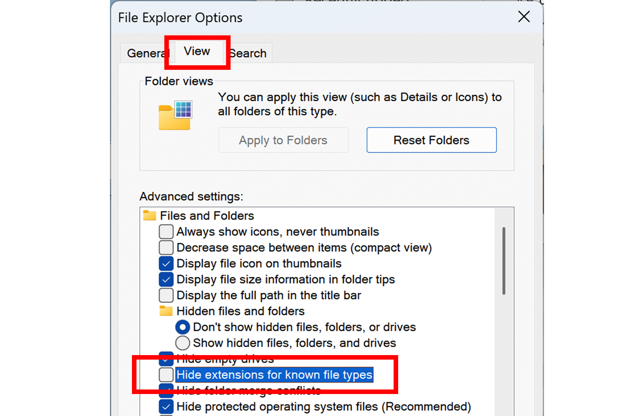 Changing extension settings in File Explorer Options.