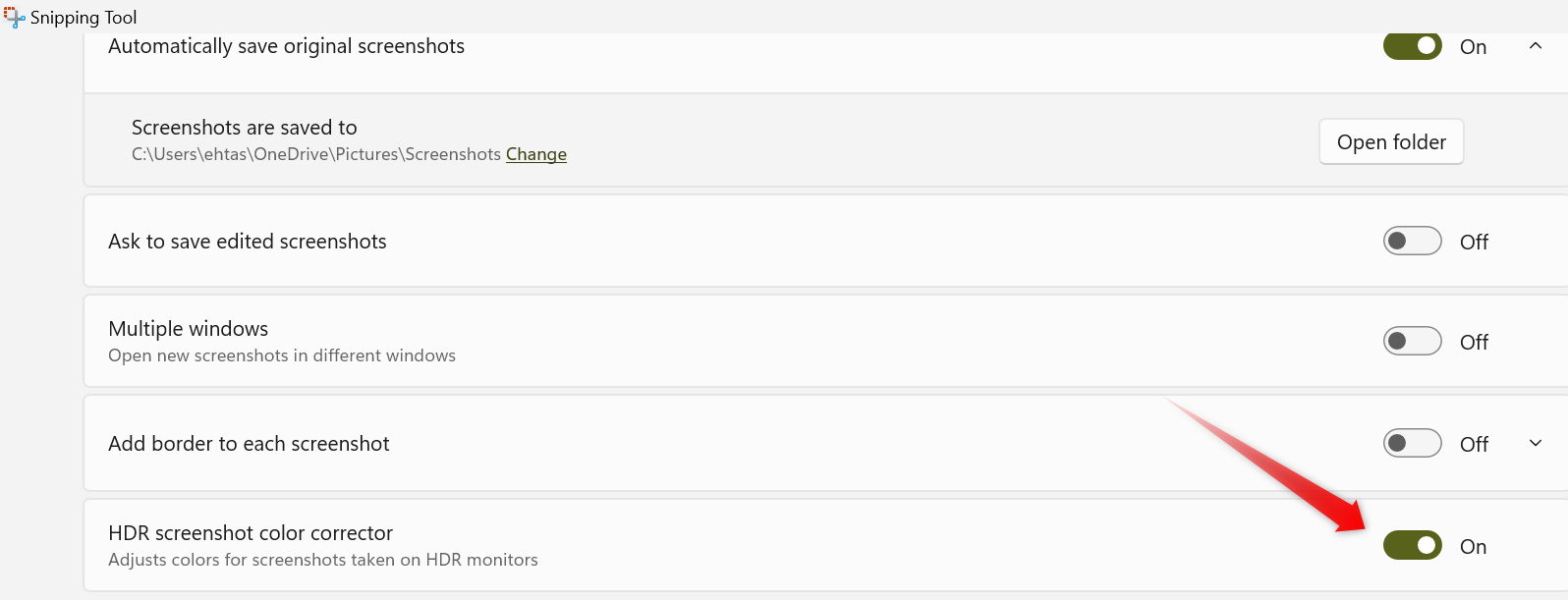 Включение корректора цвета HDR-скриншотов в настройках приложения «Ножницы» в Windows.