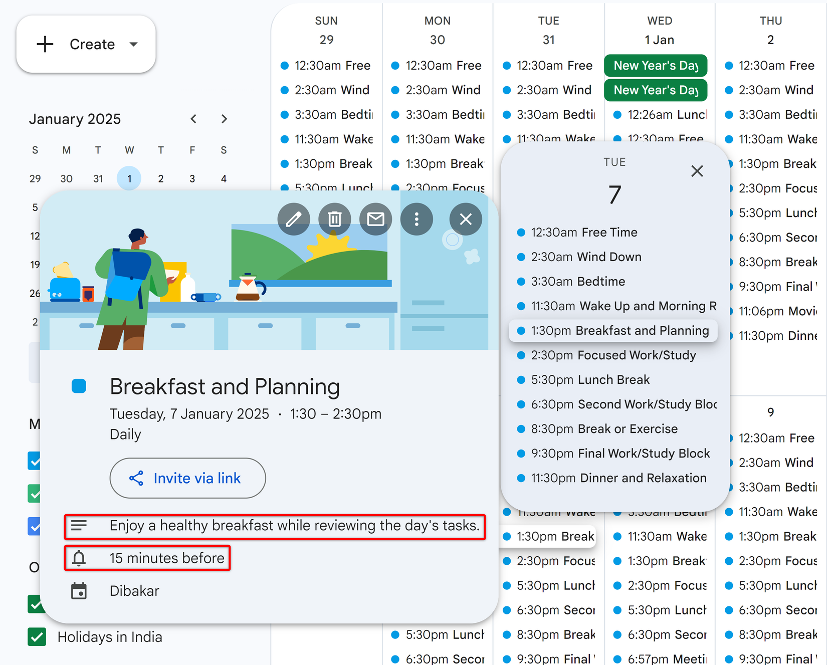 Google Calendar được điền đầy đủ sự kiện.