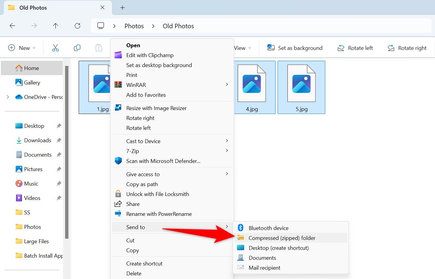 Send To > Compressed (Zipped) Folder highlighted for files in File Explorer.