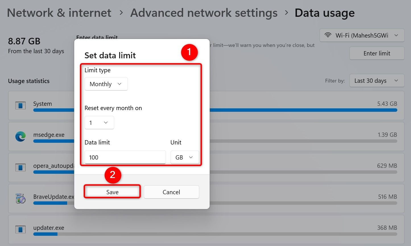 Various fields highlighted on the "Set Data Limit" window in Settings.