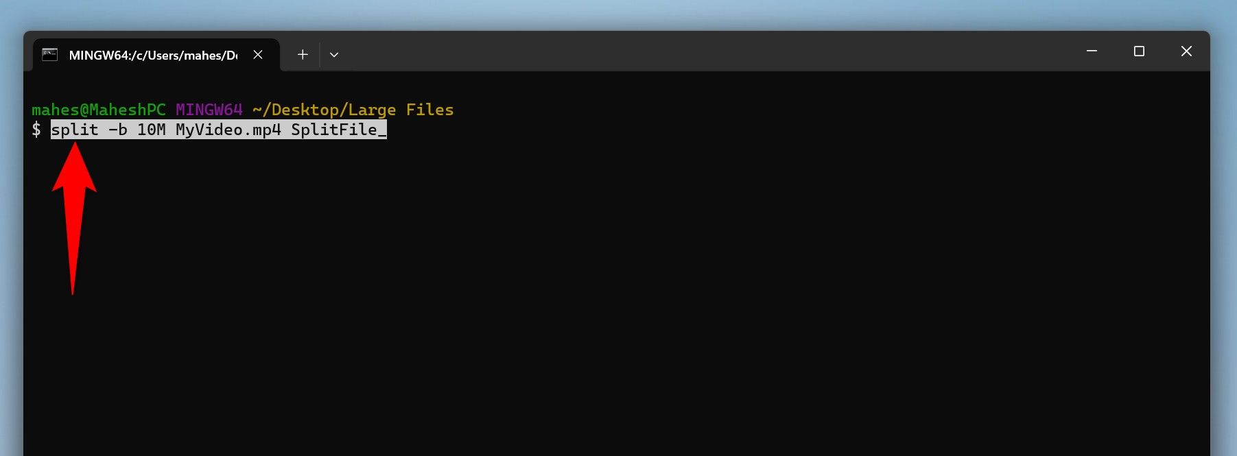 The command to split a file typed in Git Bash.