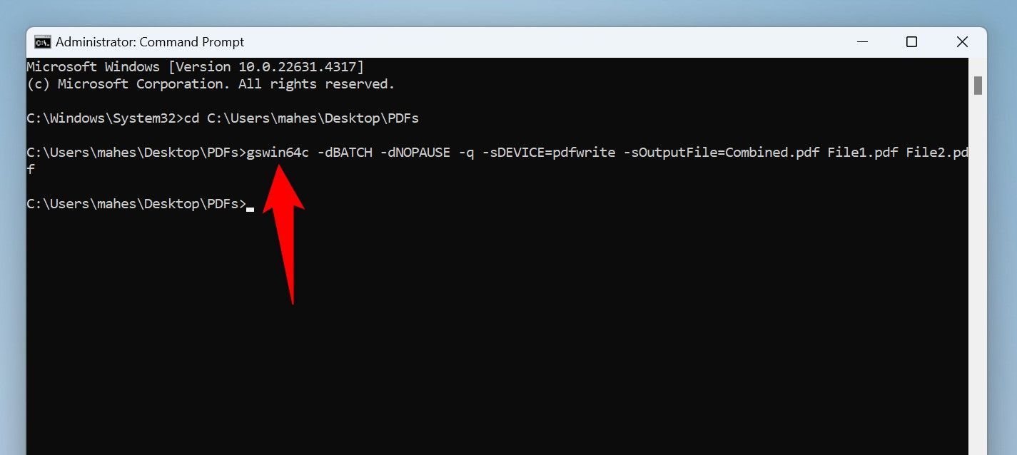 The command to combine PDF files typed in Command Prompt.