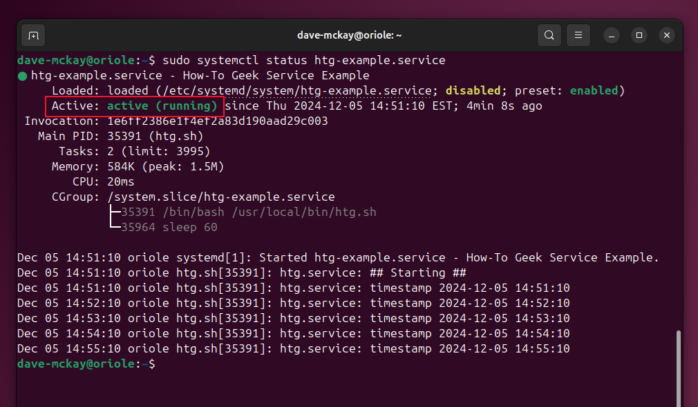 Checking the status of a service with the systemctl status command.