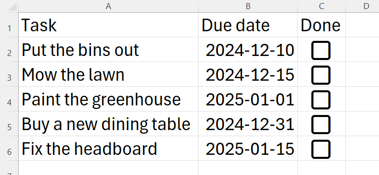 A checklist in Excel whose columns are automatically adjusted to fit their data based on VBA code added.