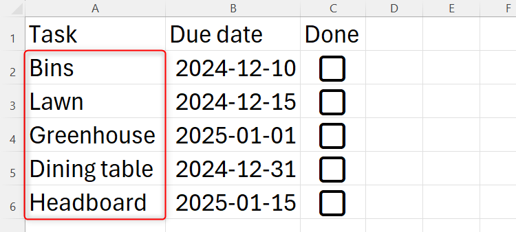 A checklist in Excel whose columns widths have automatically shrunk when the data volume was reduced.