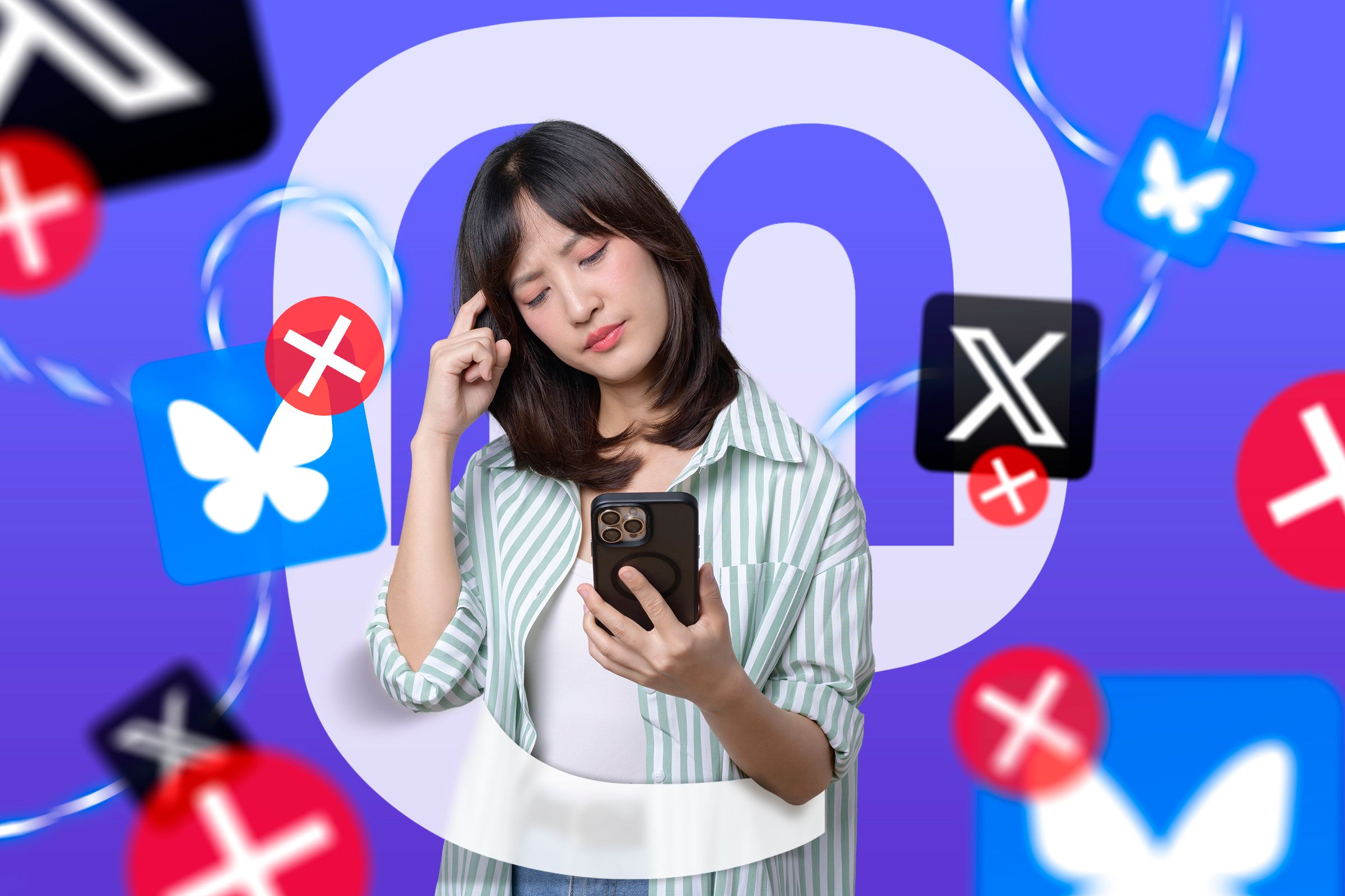 A confused woman looking at her phone with several Bluesky and X logos around, along with an 'X'.