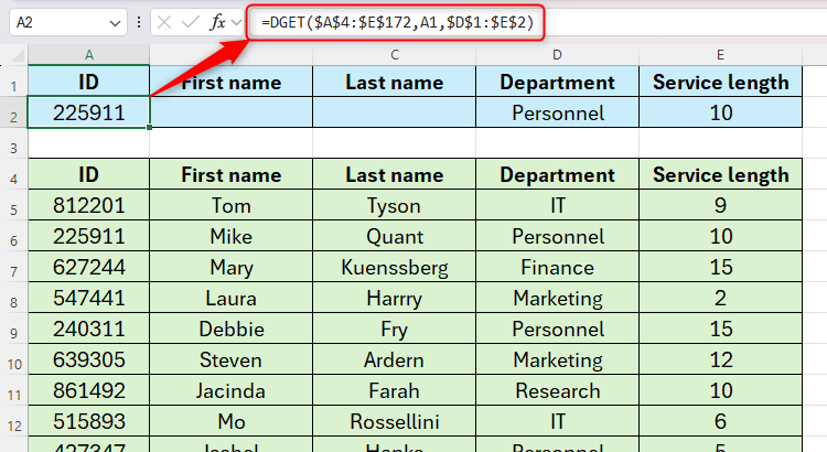 A DGET formula in Excel that retrieves an ID based on two criteria in a retrieval table.