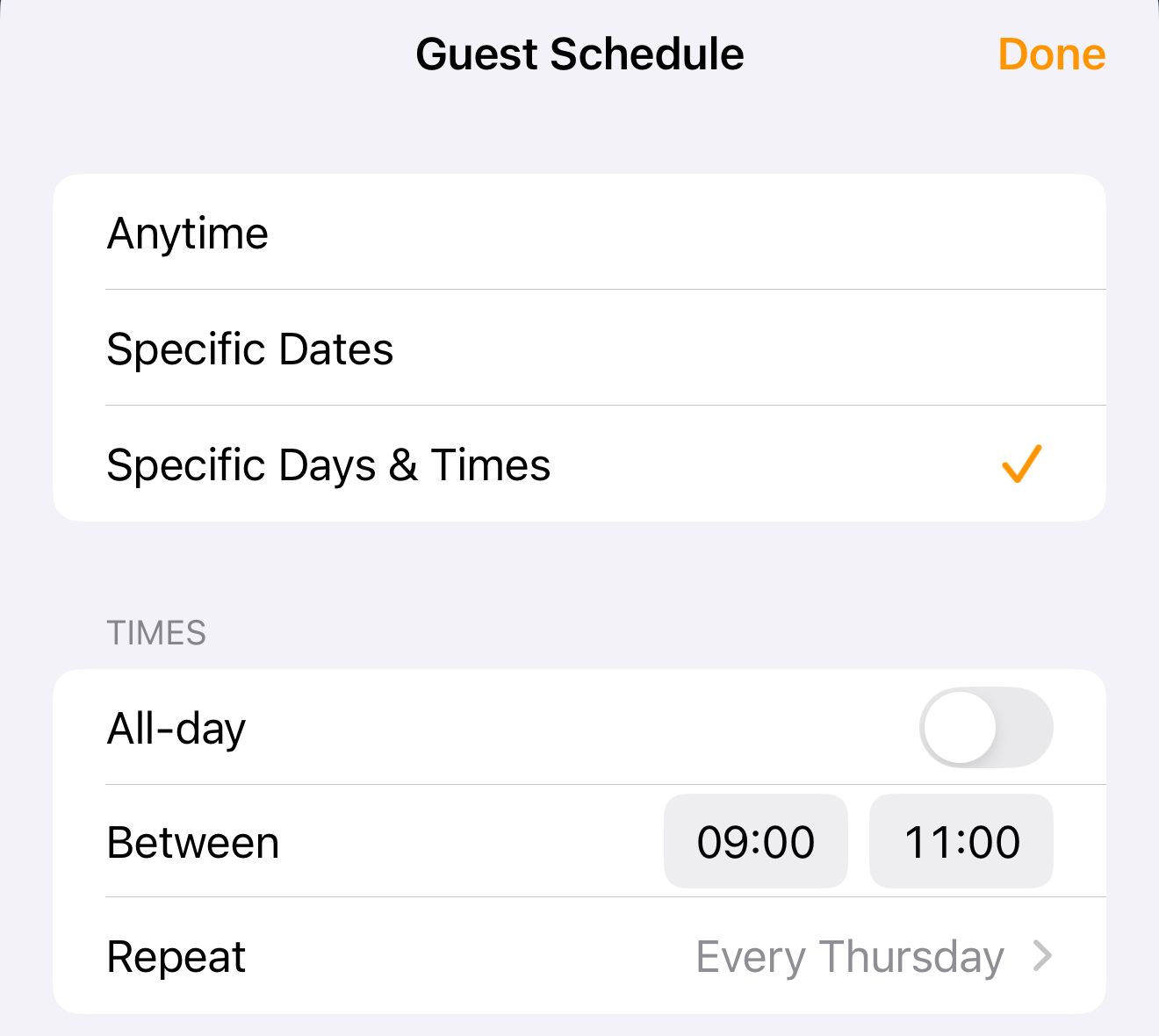 A guest schedule for a cleaner who visits every Thursday morning.