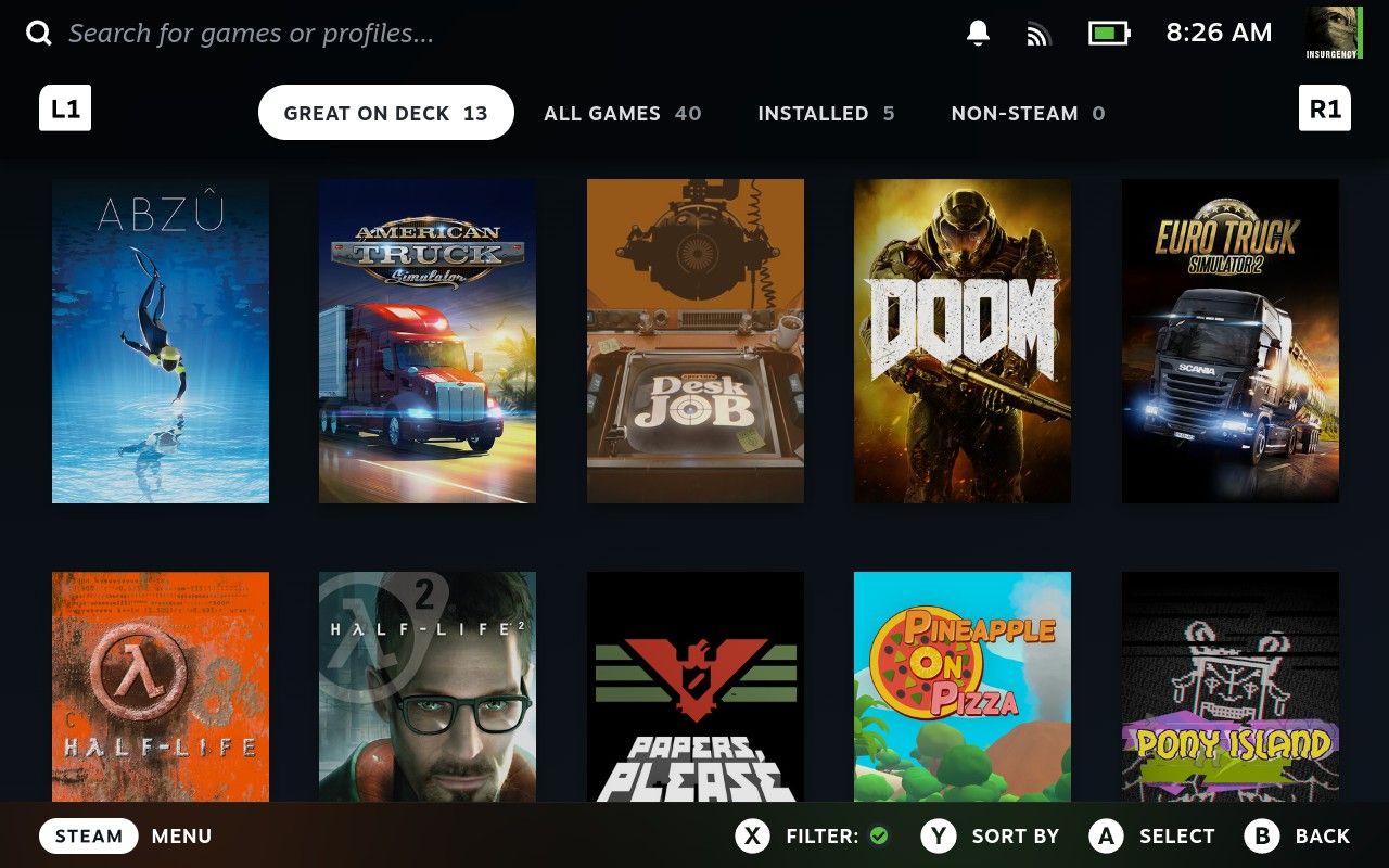 A library of games in SteamOS.