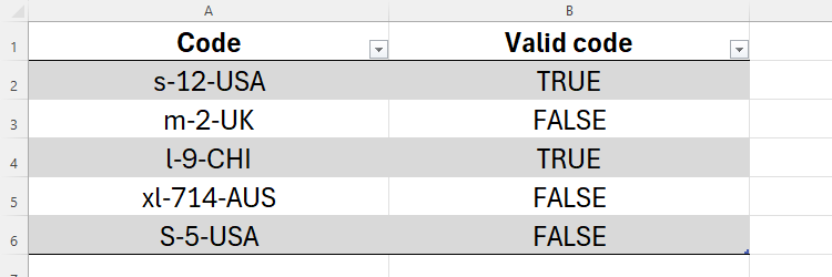 A list of product codes in Excel, and a second column that tests whether the code is valid using the REGEXTEST function.