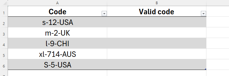 A list of product codes in Excel.