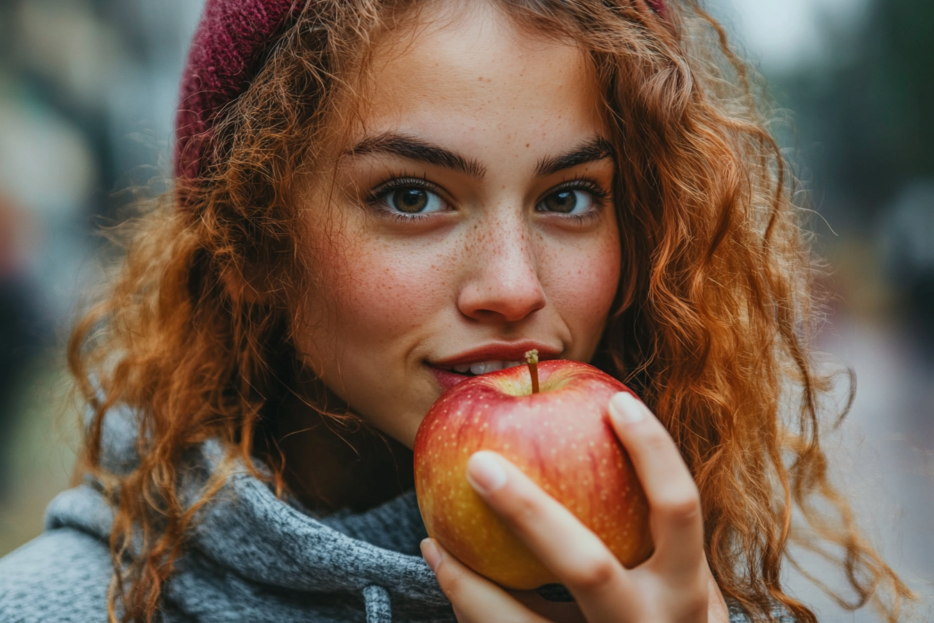 A Midjourney V6 render of a woman eating an Apple. Indistinguishable from a real photo.